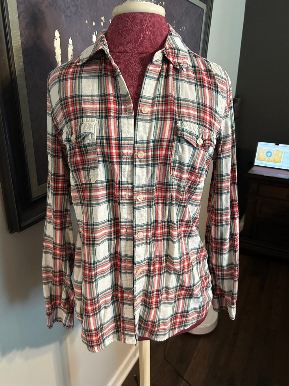 Women’s Red and White Plaid Button-Up Shirt